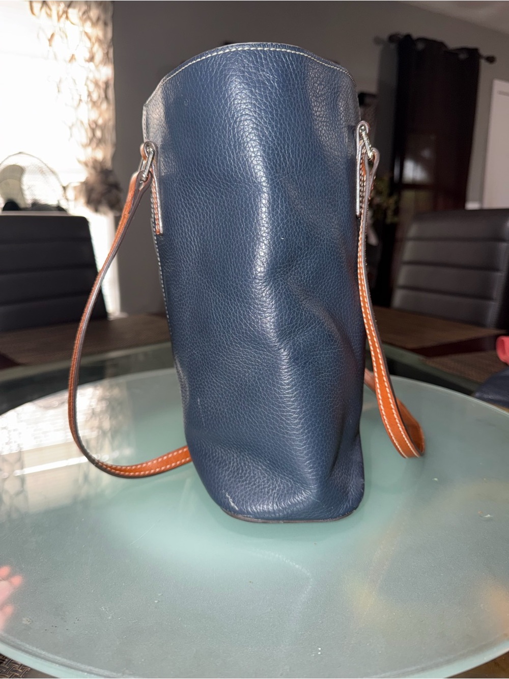 Dooney & Bourke Navy Pebbled Leather Tote with Brown Straps - Picture 4 of 9